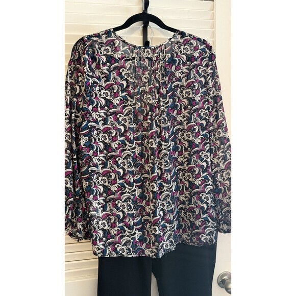 JOIE 100% Silk Paisley Bishop Sleeve Blouse Pleated Tasseled Boho Cottage Size L - Picture 3 of 12
